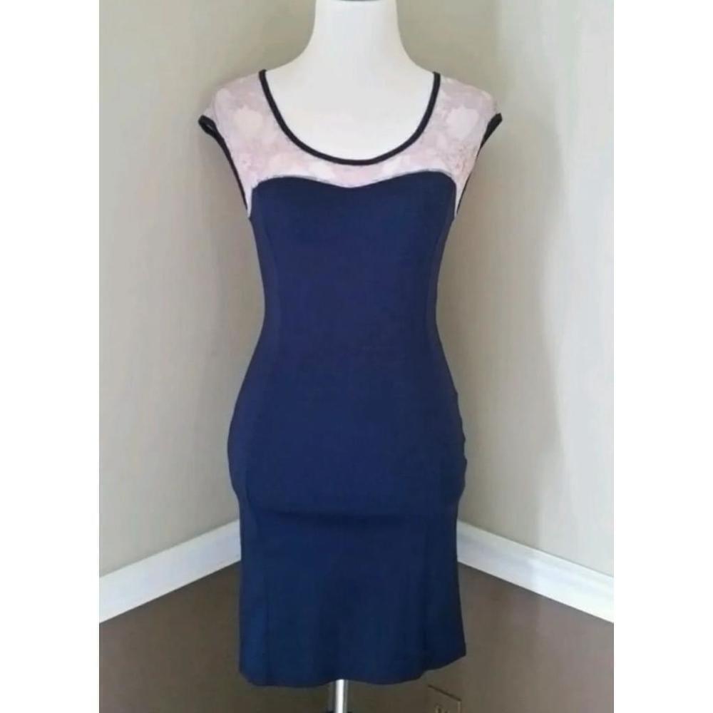 NEW Coli ModCloth Navy Blue with Pink Lace Illusion Neckline Sheath Dress M